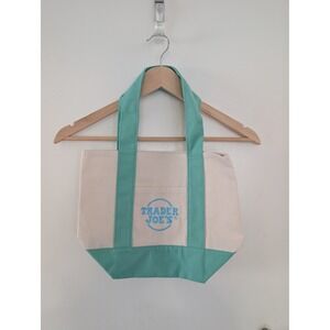 Trader Joes Mini Pastel Canvas Tote Bag Mint Green Cream Grocery Bag New
